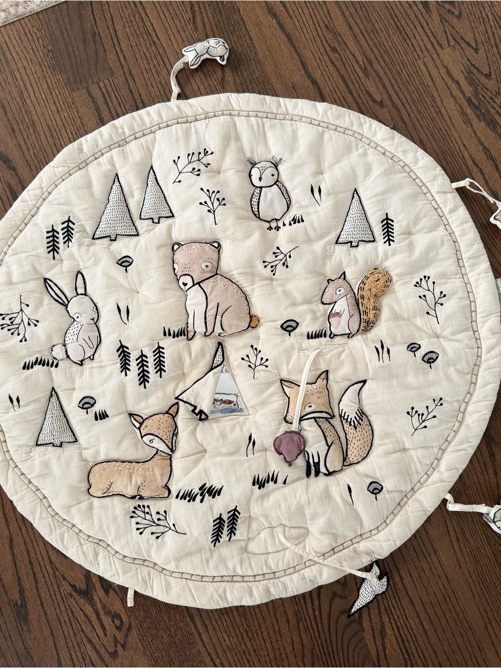 Crate&Barrel Cream Woodland Animal Play Mat with Fox, Bear, Rabbit and Squirrel